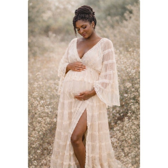 Pregnancy Photoshoot Maxi Dress Cream Boho Tulle Lace Tiered Wedding Gown 70s - Picture 3 of 12